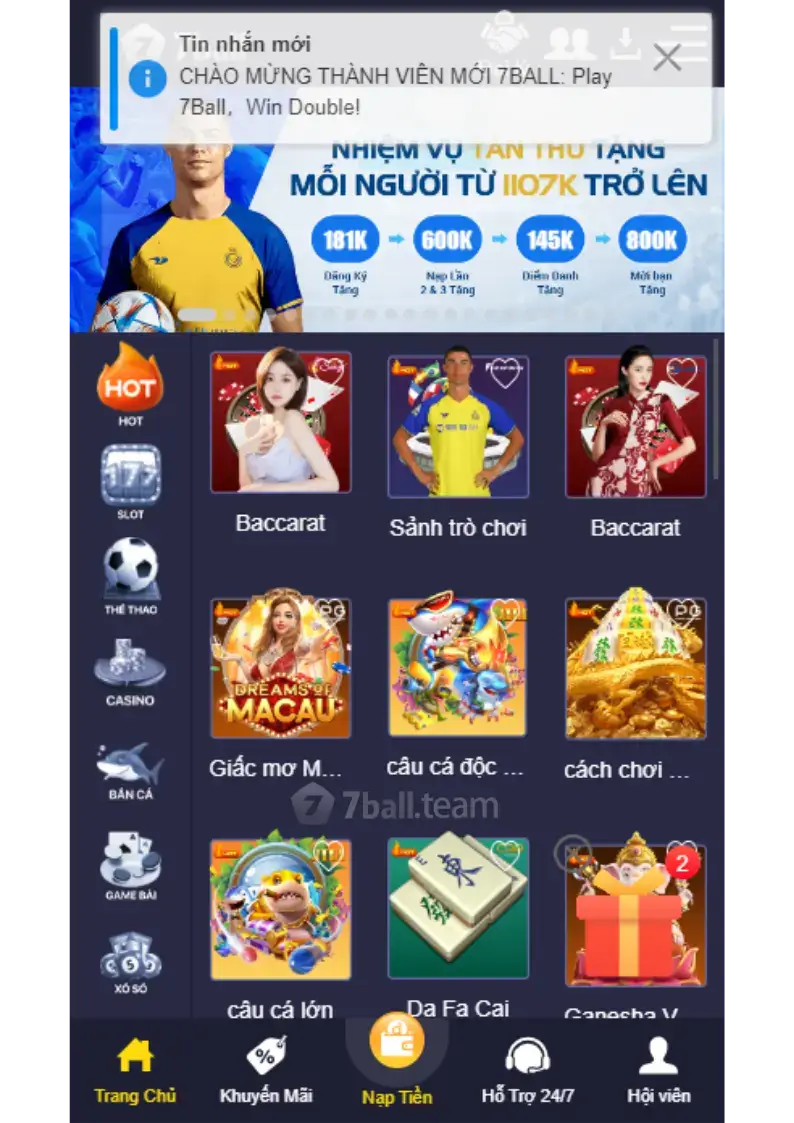 Hướng Dẫn Đăng Ký 7Ball Nhận Khuyến Mãi Trải Nghiệm 181k 5 Giao diện đăng ký tài khoản 7ball thành công