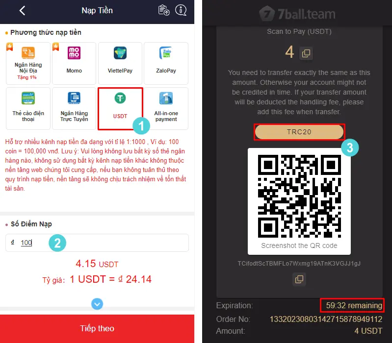 Hướng Dẫn 5 Hình Thức Nạp Tiền 7Ball Nhanh Chóng 17 Gửi tiền bằng hình thức usdt