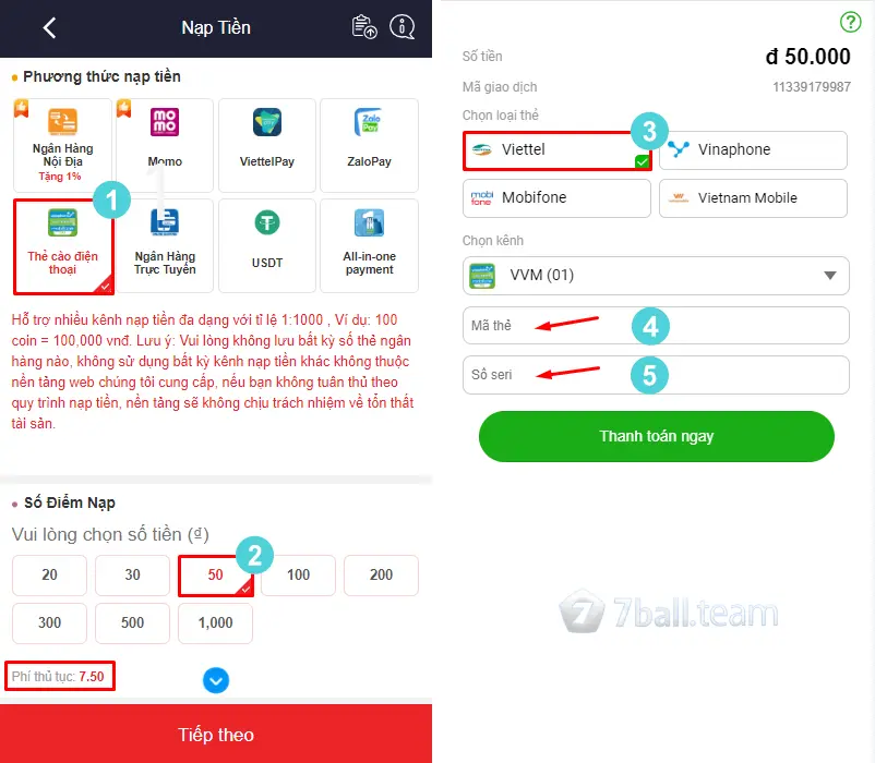 Hướng Dẫn 5 Hình Thức Nạp Tiền 7Ball Nhanh Chóng 16 Hướng dẫn nạp tiền bằng thẻ cào