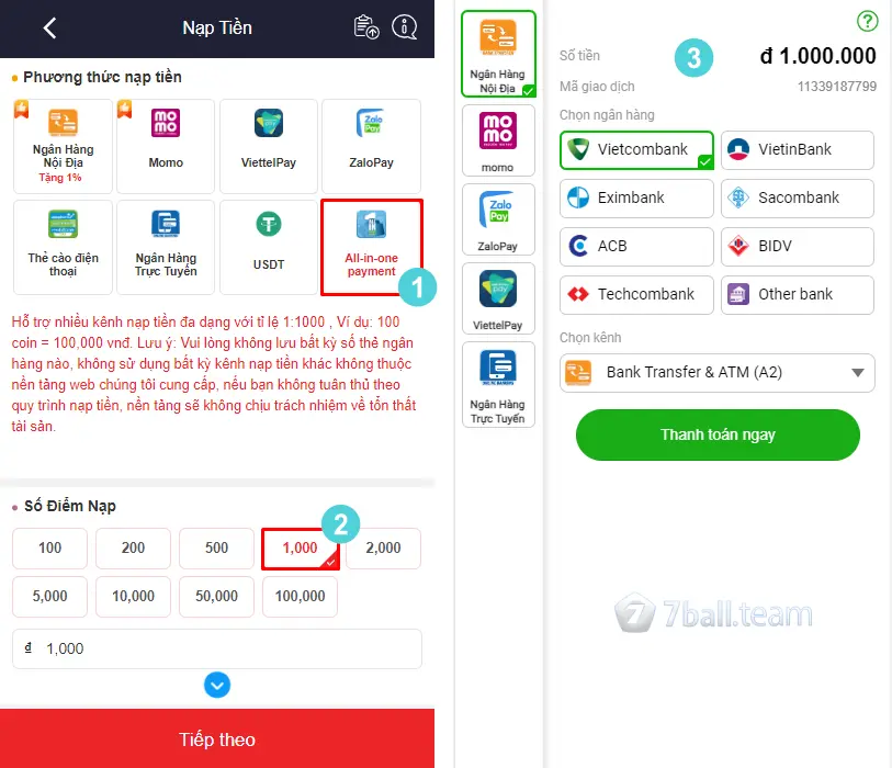 Hướng Dẫn 5 Hình Thức Nạp Tiền 7Ball Nhanh Chóng 18 Chuyển tiền bằng hình thức All in one payment