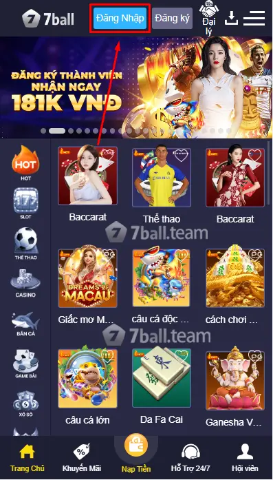 Cách Đăng Nhập 7Ball - 7Ballbet Nhanh Chóng Chỉ Với 1 Phút 6 Nhấn vào ô ĐĂNG NHẬP ở trang chủ