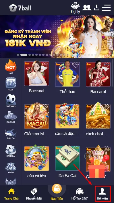 Cách Rút Tiền 7Ball Về Tài Khoản Ngân Hàng Cá Nhân 4 Đăng nhập 7ball chọn mục Hội viên