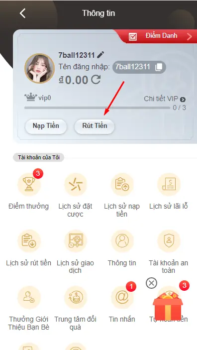 Cách Rút Tiền 7Ball Về Tài Khoản Ngân Hàng Cá Nhân 5 Chọn mục RÚT TIỀN