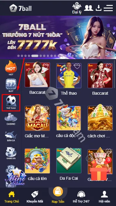 7Ball Thể Thao - Hướng Dẫn Cách Cá Cược Thể Thao Tại 73one 8 Chọn sảnh thể thao ở trang chủ
